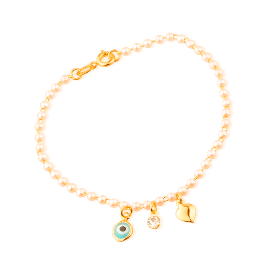 Micro Pearls and Greek Evil Eye Cham Bracelet in Gold_single